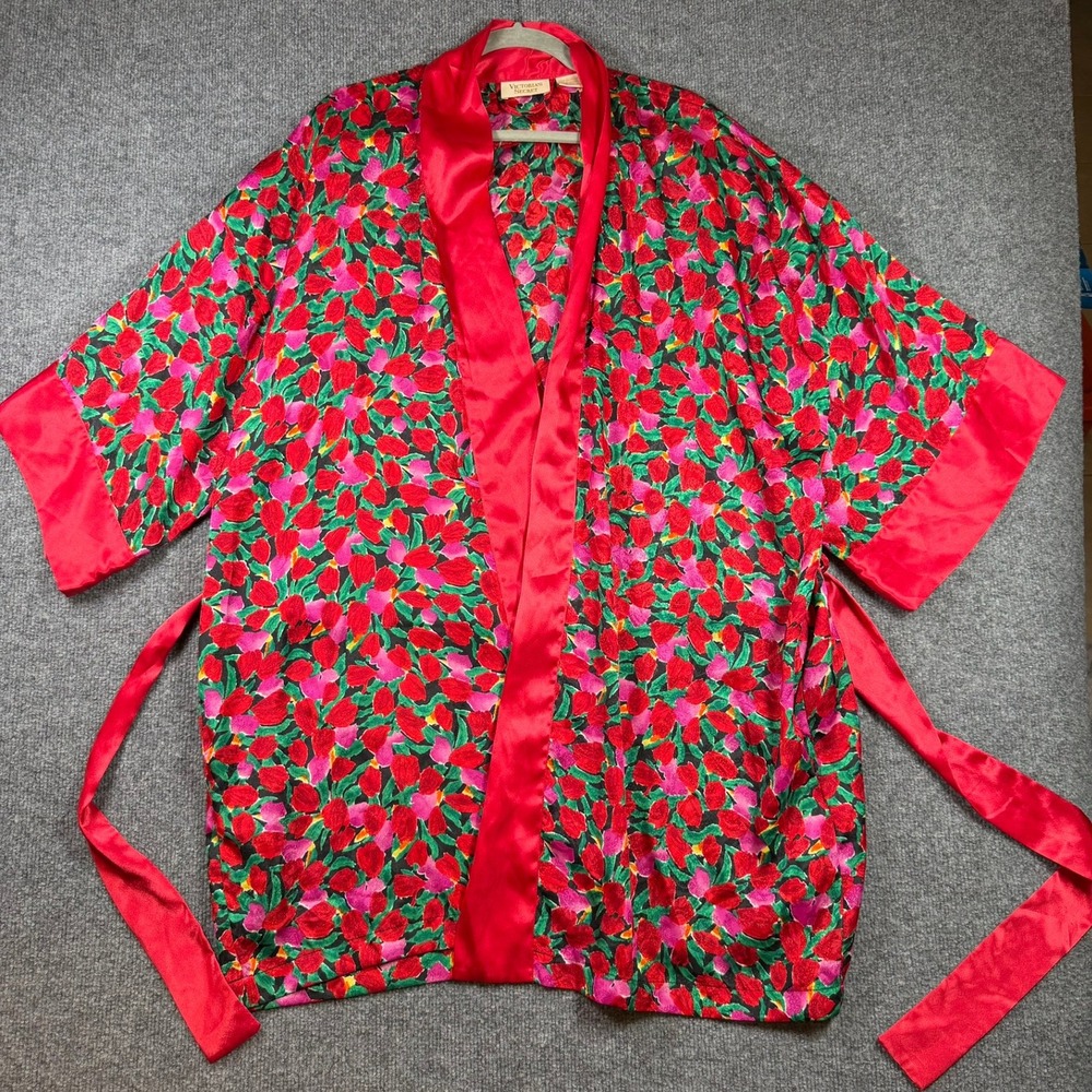 Victoria's Secret 1980s Robe Red Floral Gold Label Vintage Satin Trim Kimono
